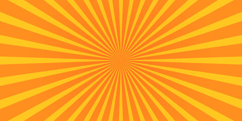Radial yellow and orange stripes horizontal background. Sunburst, starburst, sunshine, sunrise pattern. Surprise, speed, flash or explosion cartoon effect. Pop art wallpaper. Vector flat illustration