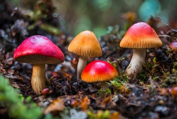 Colorful Red Wild Forest Mushrooms 