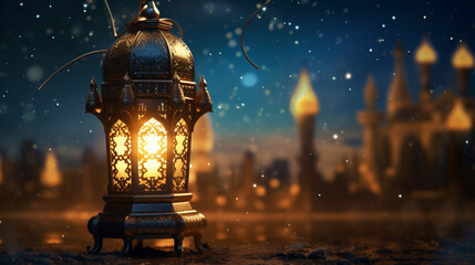 3D illustration featuring an ornamental and golden Arabic lantern, radiating a warm glow in the night. Generative AI