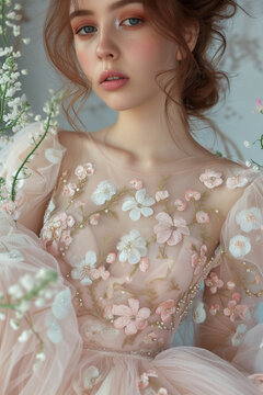 portrait of a woman, tull dress with flowers