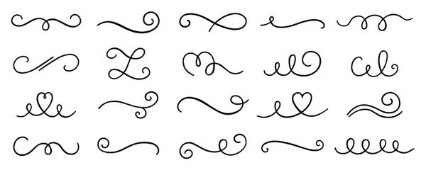 Swirls and scrolls ornament doodle. Wedding decoration, decorative design elements,  filigree curls, vintage dividers in sketch style. Hand drawn vector illustration isolated on white background - obrazy, fototapety, plakaty
