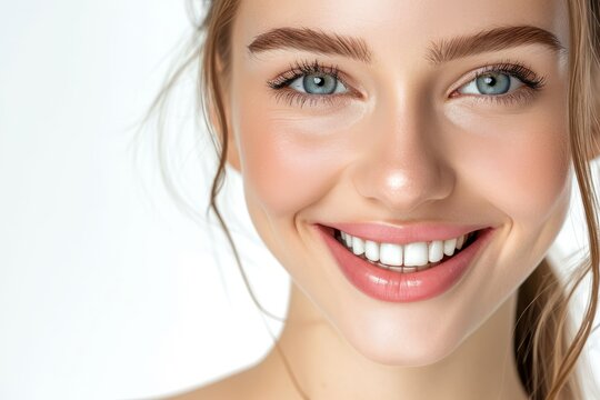 Zahnmodel mit strahlendem L&auml;cheln und perfekten Z&auml;hnen.  H&uuml;bsche Frau f&uuml;r Werbung beim Zahnarzt oder zur Zahnpflege. 