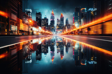 Obraz premium A blurred cityscape at night with colorful lights, creating a sophisticated and urban backdrop for text related to city life and nightlife. Generative Ai.