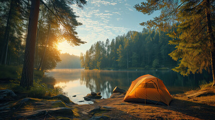 Camping on the shore of a lake at sunrise. Beautiful summer landscape.