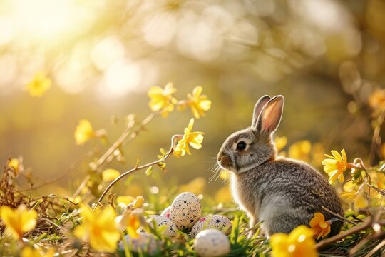 Osterhase sitzt im Nest mit bunten Ostereiern. Hase mit weichem Fell als Symbol f&uuml;r Ostern, mit bemalten Eiern.