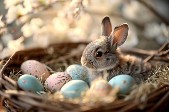 Osterhase sitzt im Nest mit bunten Ostereiern. Hase mit weichem Fell als Symbol f&uuml;r Ostern, mit bemalten Eiern.
