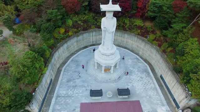 Statue of Buddha among plants in Korean temple Bongeunsa at autumn