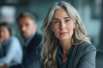 Portrait of a middle-aged business woman with gray hair posing at a business meeting - obrazy, fototapety, plakaty