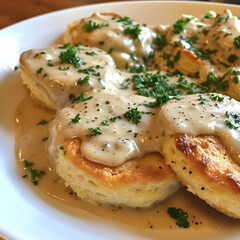 Prompt Biscuits and gravy, soft biscuits with creamy gravy, homestyle, natural kitchen light.--v6.0...