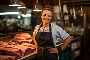 A Strong, Independent Female Butcher Proudly Standing in Her Traditional Butchery, Surrounded by Freshly Cut Meat and Vintage Butcher Tools