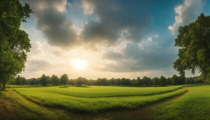 Obraz premium Panoramic view of a field covered in grass and trees under sunlight and a cloudy sky