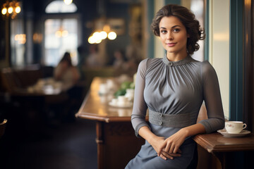 Obraz na płótnie Canvas Elegant woman in a gray sheath dress enjoying a peaceful afternoon in a vintage coffee shop, surrounded by antique furniture and the aroma of fresh coffee