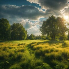 Obraz premium Panoramic view of a field covered in grass and trees under sunlight and a cloudy sky