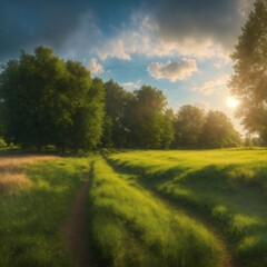 Panoramic view of a field covered in grass and trees under sunlight and a cloudy sky