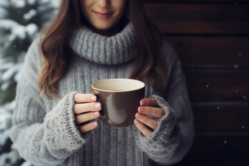 A serene woman in a wool charcoal sweater enjoying a peaceful winter morning on her rustic wooden porch, with a backdrop of snow-covered trees and a warm cup of coffee in her hands