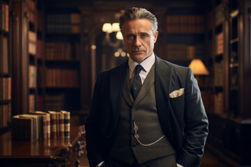 A Sophisticated Gentleman Dressed in a Classic Suit and a Charcoal Silk Cravat with Paisley Print, Standing Against the Backdrop of a Vintage Library Filled with Antique Books