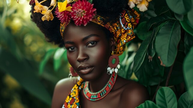 African descendant woman posing with flowers generative ai