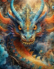 Fototapeta premium Decorative Chinese dragon in blue and orange tones.