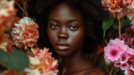 African descendant woman posing with flowers generative ai - obrazy, fototapety, plakaty
