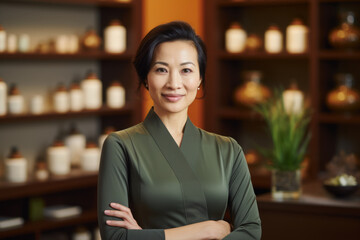 A serene portrait of a professional acupuncturist woman, surrounded by her calming clinic environment filled with traditional Chinese medicine artifacts and soothing elements