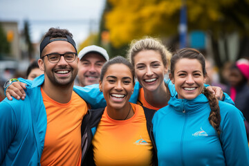 A group of volunteers organizing a charity run to raise funds for a local cause, depicting the energy, enthusiasm, and positive impact of community-driven events.