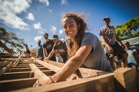 A Volunteer Team Working Together To Build A House For A Family In Need, Capturing The Spirit Of Collaboration, Generosity, And The Transformative Power Of Selfless Actions.