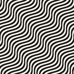 Fototapeta na wymiar Ð¡urved wavy lines vector seamless pattern. Simple texture with diagonal black and white waves, stripes. Abstract ripple background, flow, fluid surface, illusion of movement. Repeat monochrome design