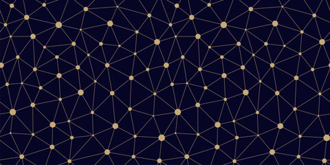Golden vector triangular mesh seamless pattern. Abstract minimalist gold and black background with lines, nodes, polygonal grid, lattice. Simple luxury geometric texture. Repeating modern geo design - obrazy, fototapety, plakaty