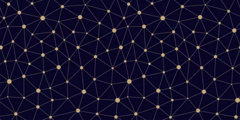 Fotobehang Golden vector triangular mesh seamless pattern. Abstract minimalist gold and black background with lines, nodes, polygonal grid, lattice. Simple luxury geometric texture. Repeating modern geo design © Olgastocker