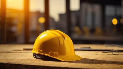 Yellow hard hat on a construction site. Builder job banner. Safety of Industry work