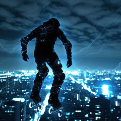 Fototapeta premium Glowing Urban Silhouette with Rollerblading Daredevil