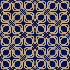 Vector ornamental seamless pattern. Gold and dark blue floral background, repeat geometric tiles, curved shapes, lattice. Abstract golden ornament texture. Luxury ornate geo design for decor, print