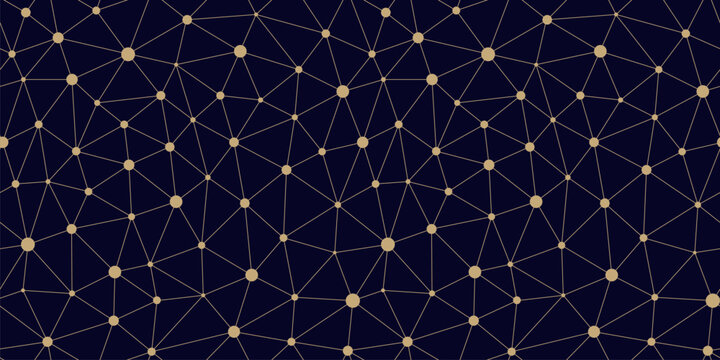 Fototapeta Golden vector triangular mesh seamless pattern. Abstract minimalist gold and black background with lines, nodes, polygonal grid, lattice. Simple luxury geometric texture. Repeating modern geo design