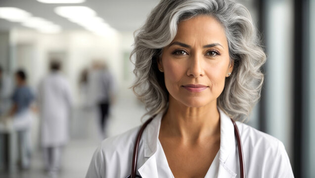Female gray haired doctor face portrait in front, blurred white clinic background. Beautiful mature doctor look at camera. Hospital worker in white coat