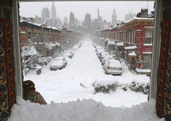 Fototapeta premium View of Snow-Covered Street Through Window in Urban Winter