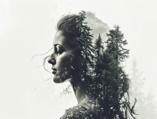 Portrait of woman, double exposure multilayer of the forest, peacefullness concept