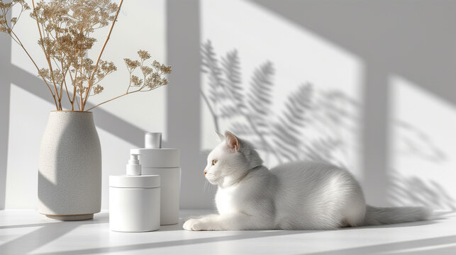 Mockup of empty ecological plastic container for branding and product placement. Package mockup for cosmetic beauty lotion. template for natural health care; a soft white cat with copy space
