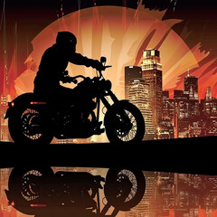 Shining City Silhouette with Extreme Biker