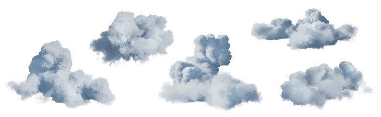 Set of white clouds isolated on transparent background. 3D render.