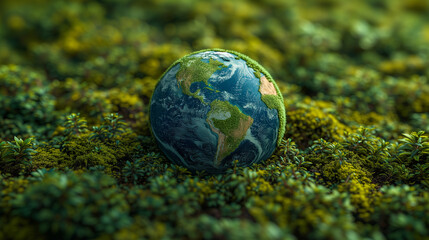 Obraz na płótnie Canvas Green planet earth 3d; worldwide sphere on green moss. Environmentalist visuals. Print idea for advertising campaign. Concept of global ecosystem, ecological sustainability and ecological awareness.