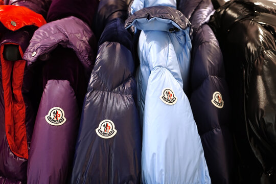 Honolulu, HI - January 9, 2024: Moncler designer label down puffy coats on rack at boutique