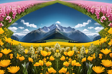 flower, mountain, nature, field, landscape, Generative AI