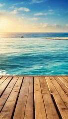 Fototapeta na wymiar Wooden board empty table in front of blue sea & sky background. perspective wood floor over sea and sky - can be used for display or montage your products. beach & summer concepts.