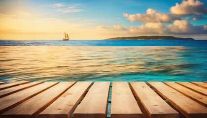 Fototapeta premium Wooden board empty table in front of blue sea & sky background. perspective wood floor over sea and sky - can be used for display or montage your products. beach & summer concepts.