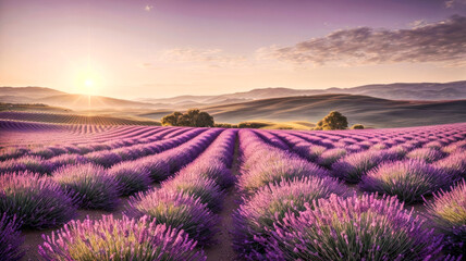 Sunset serenity view in lavender fields. Generative ai