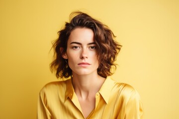 Portrait of a beautiful young woman in a yellow shirt on a yellow background