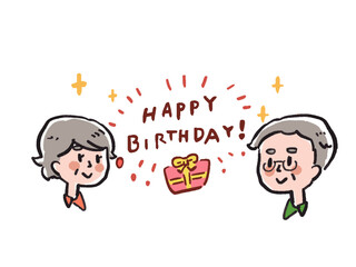 ハッピーバースデー　シニア男女とプレゼントの見出し　ロゴイラスト