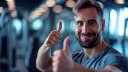 In this dynamic scene, a fitness coach stands in a gym, giving a double thumbs-up sign, radiating encouragement and support. The blurred gym background adds to the energetic atmosphere.