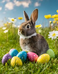 Adorable Easter bunny in a meadow surrounded by Easter eggs with copy space 