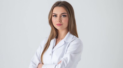 Portrait of young female doctor in medical uniform isolated on white background. Portrait of smiling cosmetologist looking at camera.